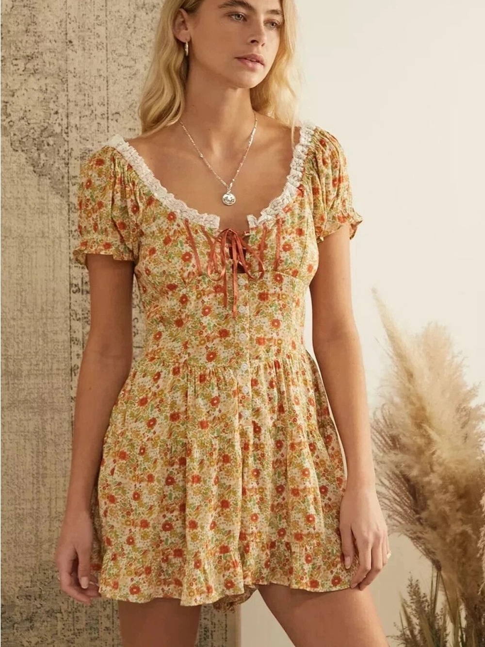 Urban outfitters Floral Lace-Trim Mini Dress in Yellow
